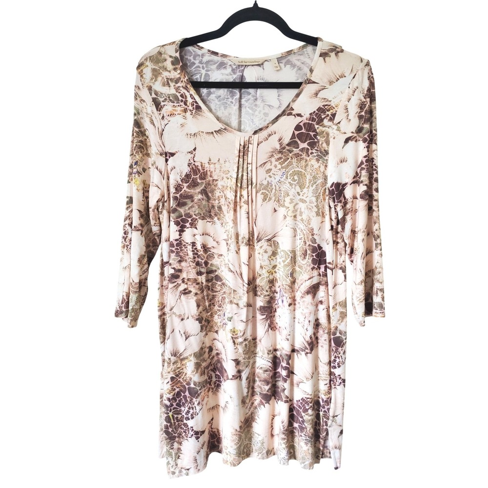 Soft Surroundings‎ Womens Small Floral Pleat V-Neck 3/4 Sleeve Tunic Top Brown